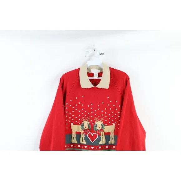 Vintage 90s Streetwear XL Faded Christmas Reindeer Collared Sweatshirt USA - Picture 2 of 8